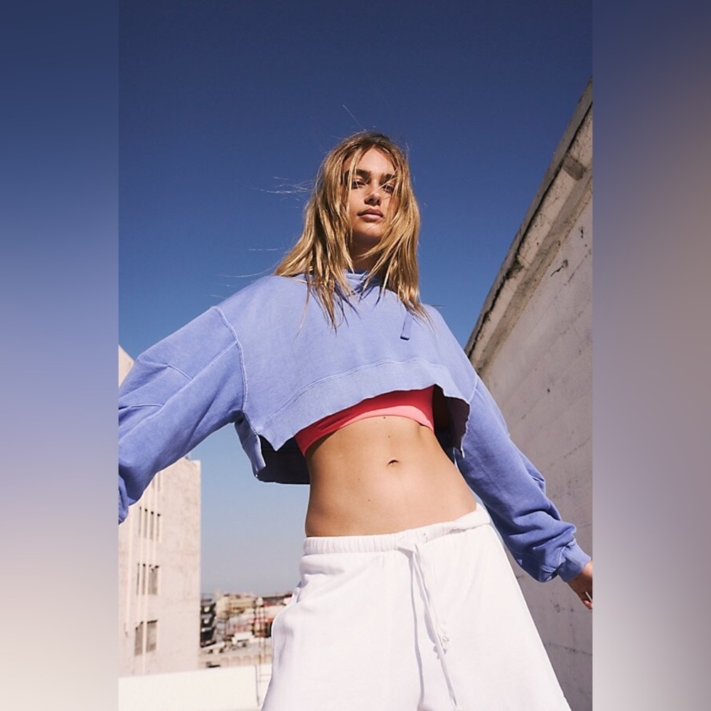 Free People Movement White Catch Up Cropped Hoodie Oversized Raw Rib Knit Trim